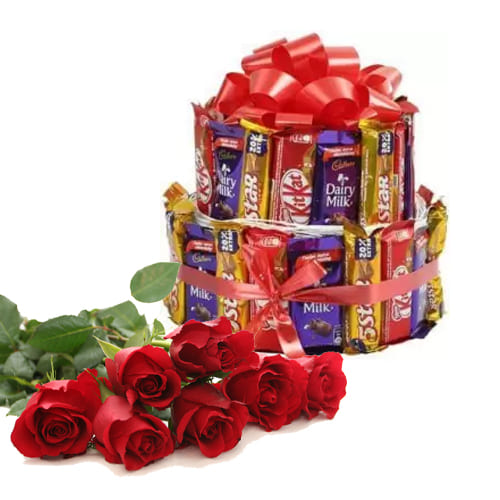 Deluxe chocolate hamper & 10 red roses flowers